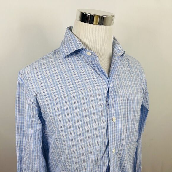 Ledbury 16 35/36 Fit Slim Dress Shirt Blue White Plaid Cotton Button Front - Picture 1 of 5